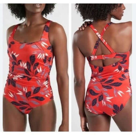 NWT ATHLETA Swimsuit Sz L One Piece Red Leaf Print Floral Paradaiso Ocean Pool - Picture 1 of 14